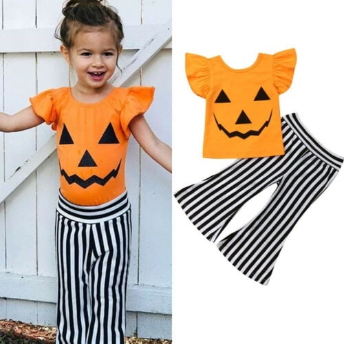 Toddler Kids Baby Girls Pumpkin Cotton Stripe Pants Halloween Costume Outfits